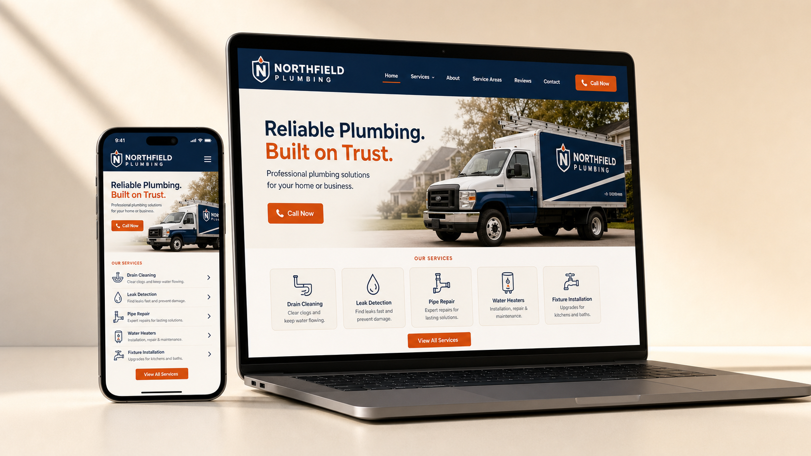 A professional plumbing-company website displayed on a smartphone and laptop, showing a clean, mobile-friendly design with prominent Call Now button and services list